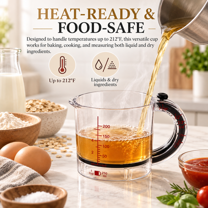 4-in-1 Push-Bottom Measuring Cup – Adjustable Dual Scale (ml/oz), Scraper Seal, Dishwasher Safe, Replaces 4 Cups