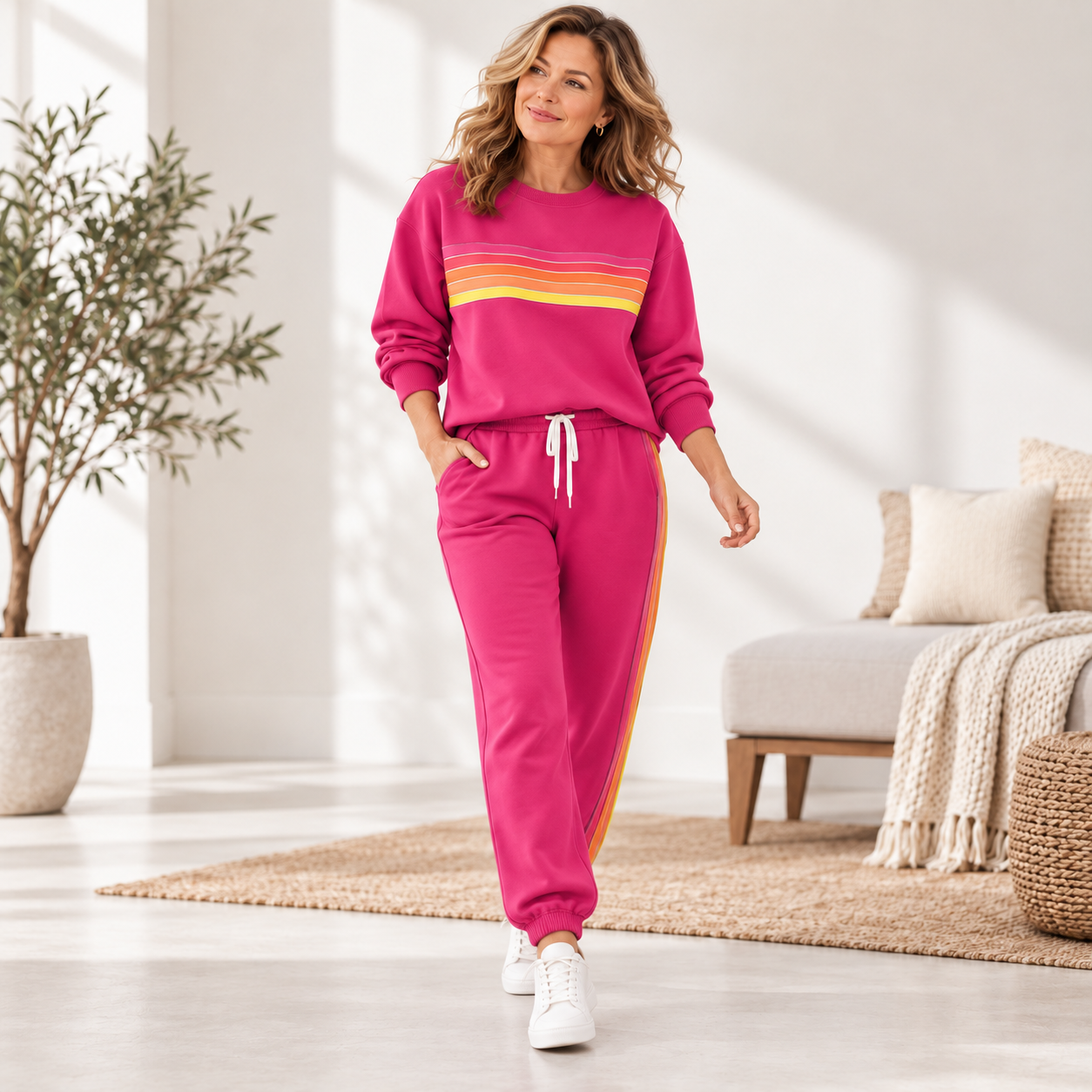 Women's 2-Piece Sweat Set – Retro Rainbow Stripe Crewneck Sweatshirt & Track Pants, Relaxed Casual Lounge Wear