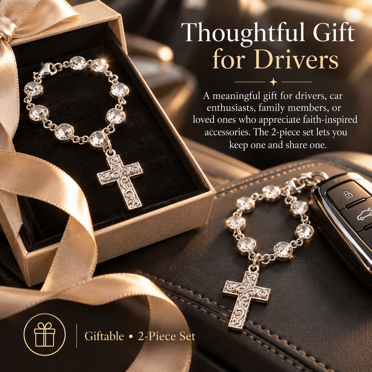 ✨ Faith Crystal Cross Charm – Silver Beaded Steering Wheel Ornament, Spiritual Blessing for Drivers & Auto Interior