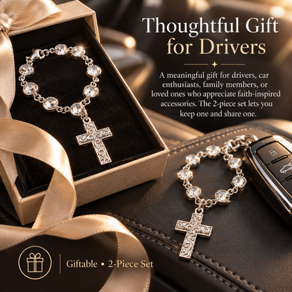 ✨ Faith Crystal Cross Charm – Silver Beaded Steering Wheel Ornament, Spiritual Blessing for Drivers & Auto Interior