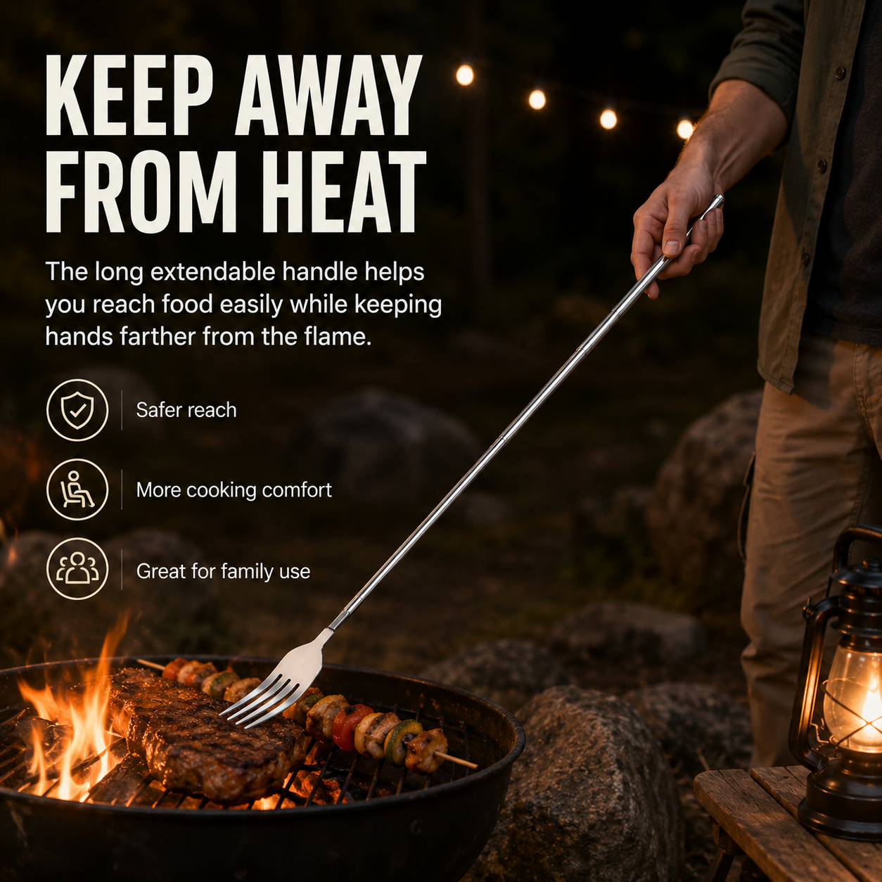 Extendable Long-Handle Fork for BBQ and Outdoor Cooking