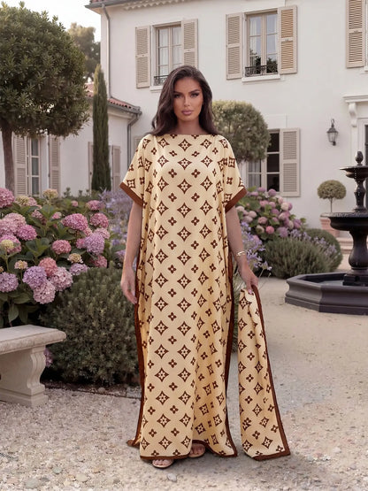 ✨ Women's Elegant Geometric Print Robe Set – Long Dress & Scarf Shawl, Satin Silk Beach Cover-Up 🌊