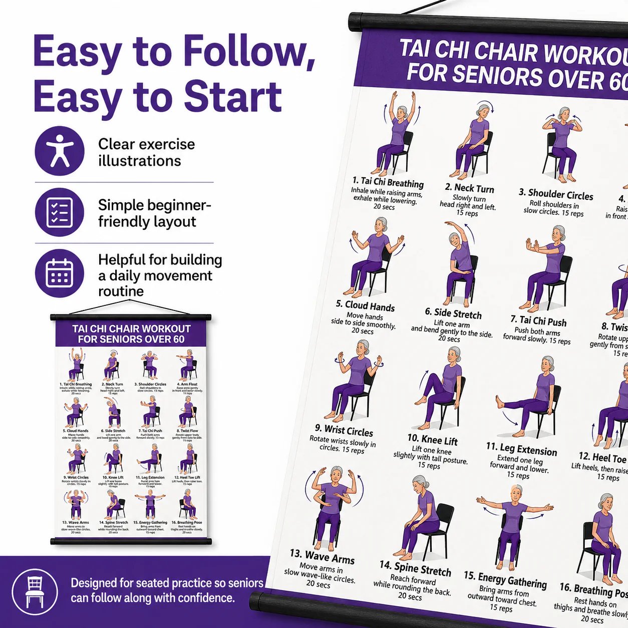 🔥LAST DAY 49% OFF🧘‍♀️☯Tai Chi Chair Workout Chart for Seniors (16 x 24 inches)