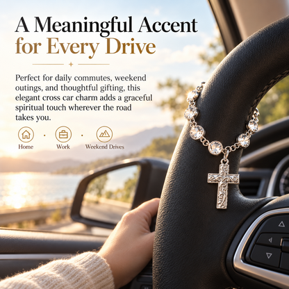 ✨ Faith Crystal Cross Charm – Silver Beaded Steering Wheel Ornament, Spiritual Blessing for Drivers & Auto Interior