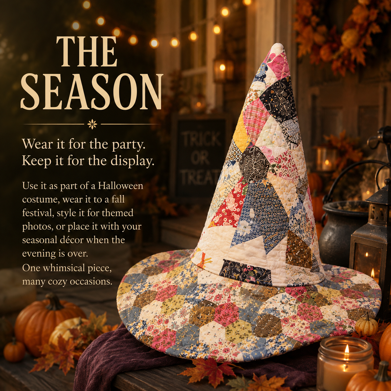 Quilted Patchwork Witch Hat – Vintage Folk-Art Style, One Size Fits Most