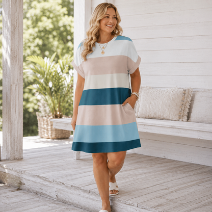 Colorblock Striped Sundress – Short Sleeve Crew Neck Plus Size Summer Dress
