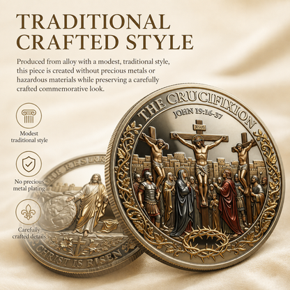 Cross & Resurrection Memorial Coin – Alloy Relief Keepsake for Faith and Remembrance