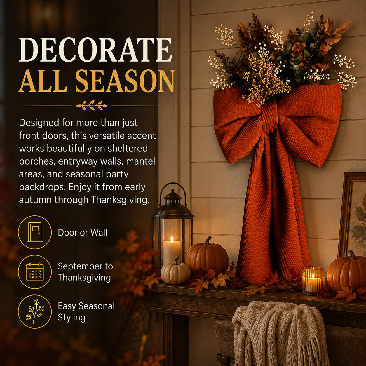 🍂 Oversized Autumn Door Swag – Warm Fall Welcome with Floral Bow & Rustic Porch Charm 🧡✨