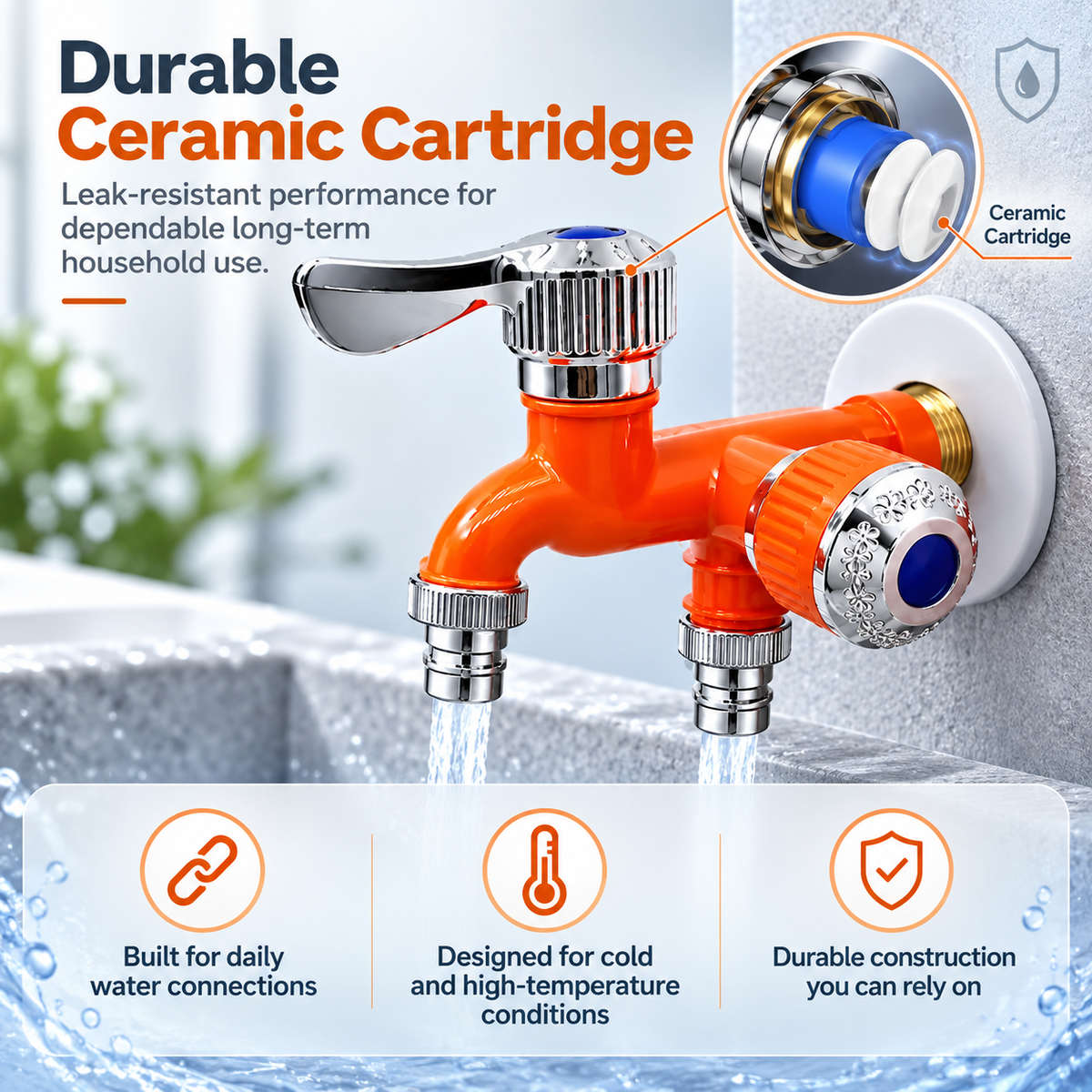 🔧 1-In-2-Out Plastic Water Tap – Dual Independent Control Valves, 3/4" Universal Fit, Leak-Proof Ceramic Core, All-Weather Resistant