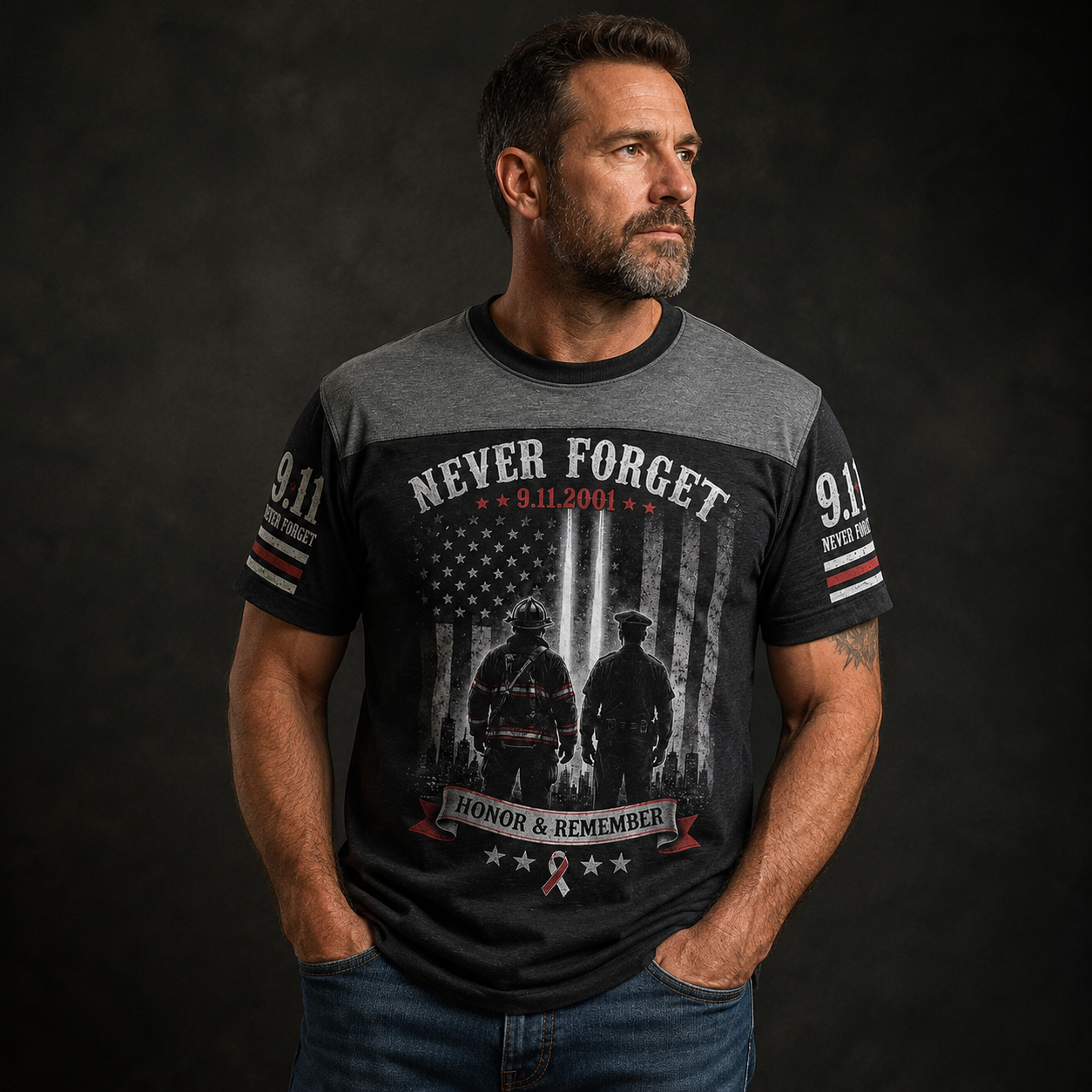 9/11 Memorial Tribute T-Shirt – Twin Towers, Eagle and American Flag Design