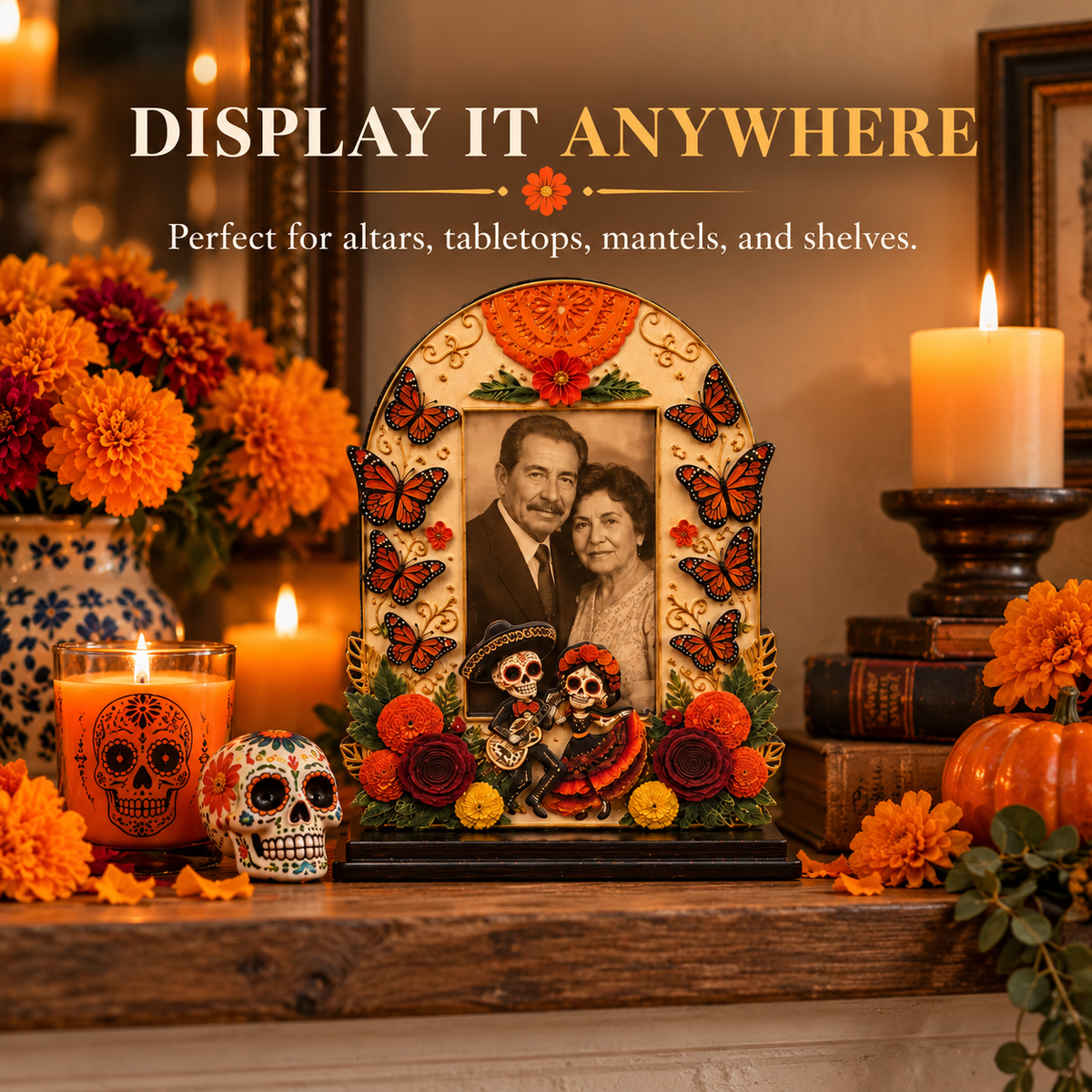 Day of the Dead Wooden Photo Frame – Día de los Muertos Decorative Frame for Altar, Shelf & Tabletop Display