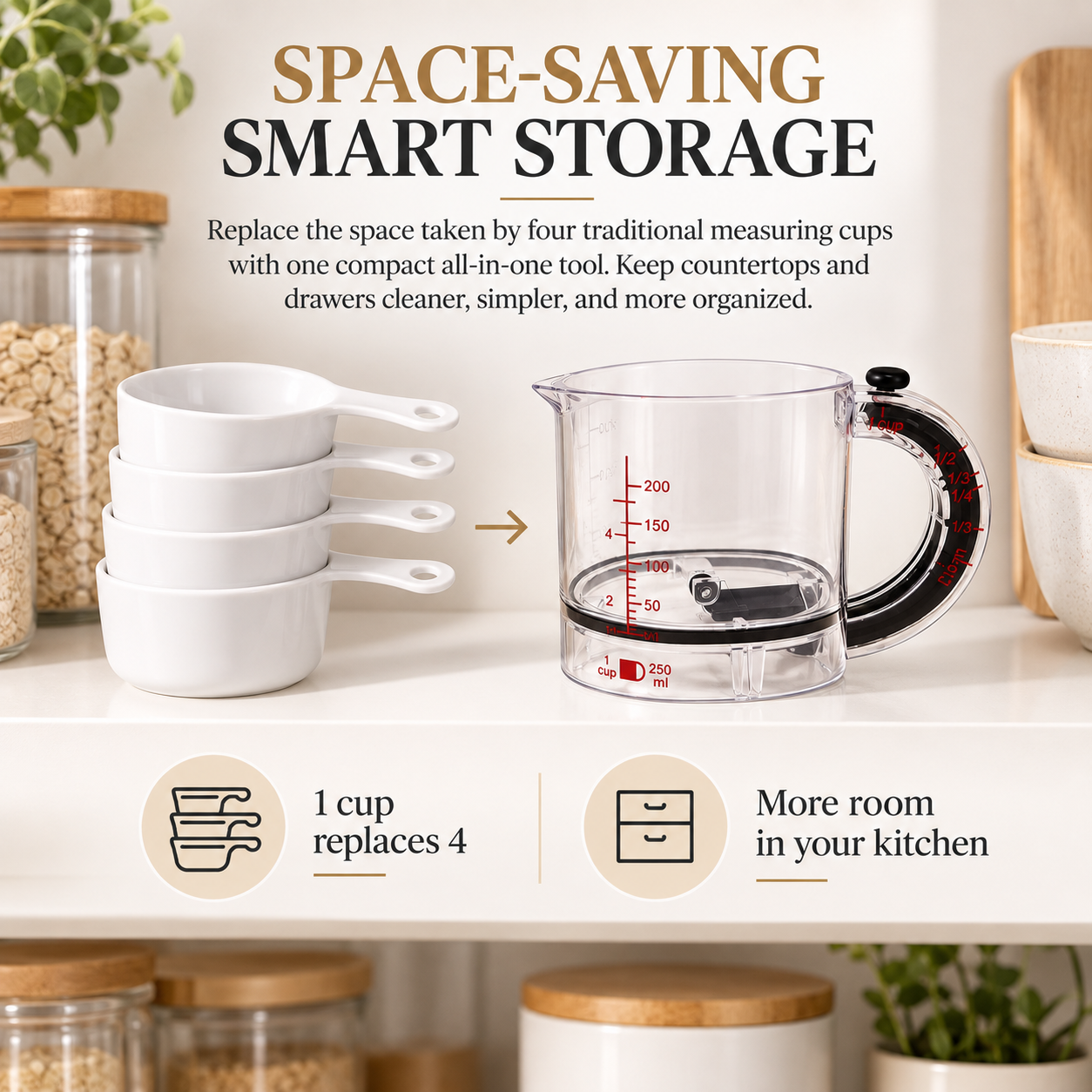 4-in-1 Push-Bottom Measuring Cup – Adjustable Dual Scale (ml/oz), Scraper Seal, Dishwasher Safe, Replaces 4 Cups