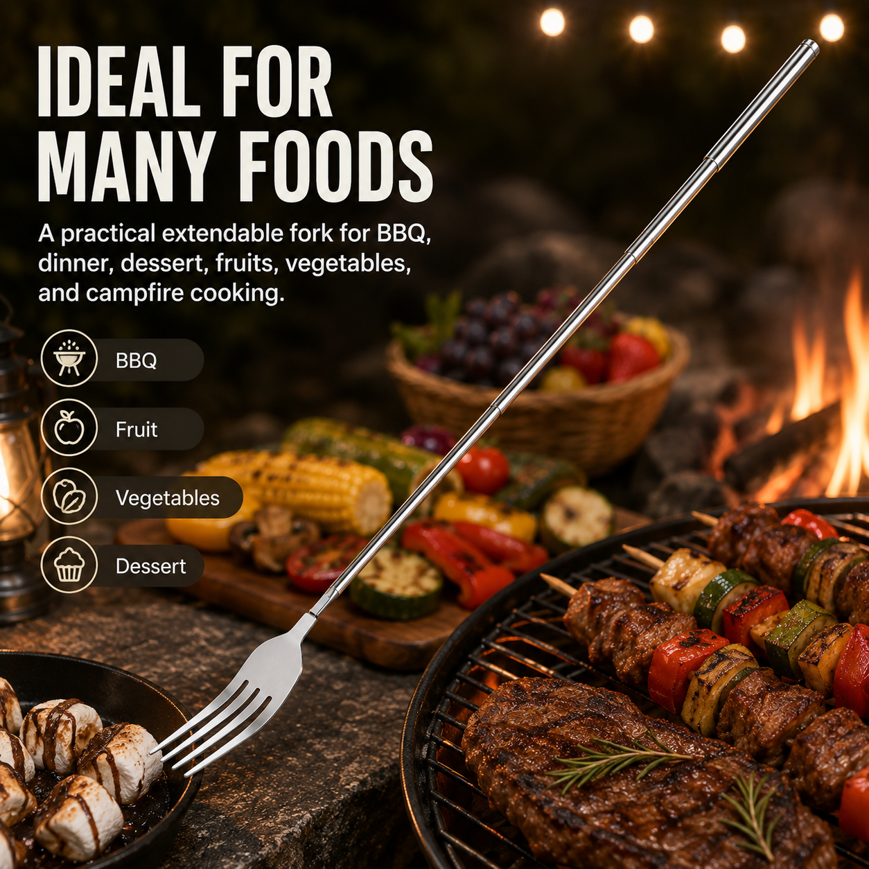 Extendable Long-Handle Fork for BBQ and Outdoor Cooking