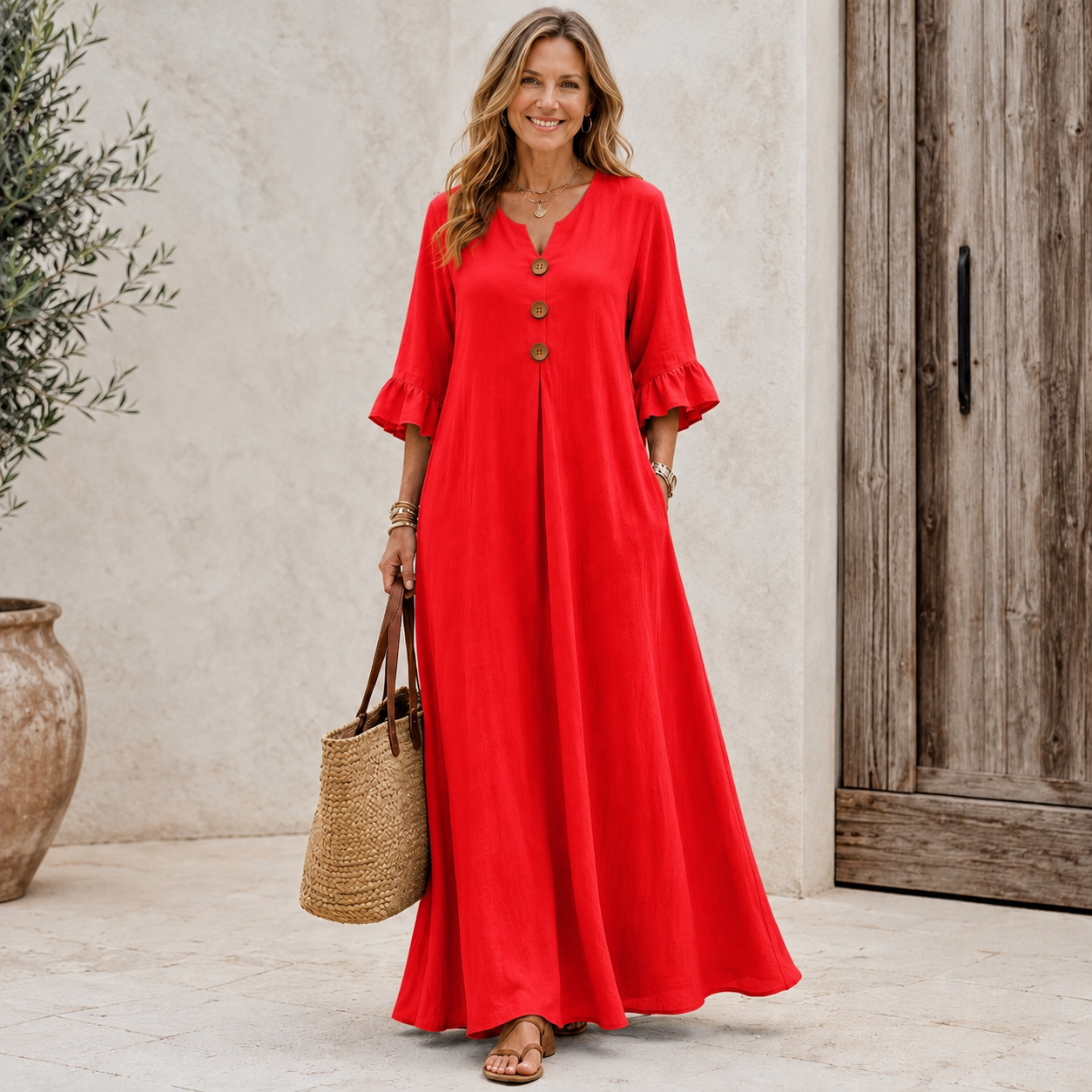 🌾 Women's Boho V-Neck Dress – Loose-Fit A-Line with Wooden Buttons & Ruffle Sleeves, Fall & Winter Casual Wear 🍂✨