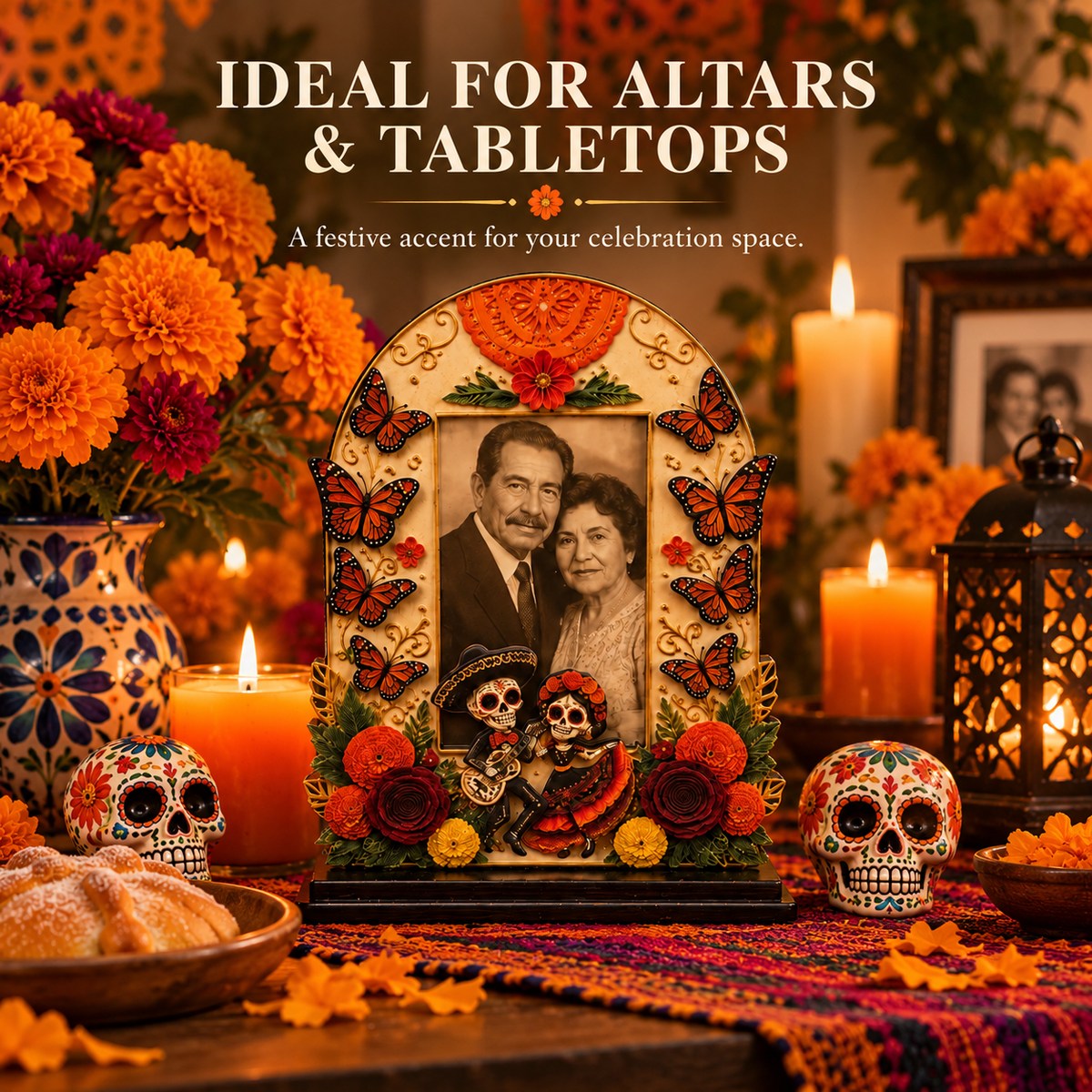 Day of the Dead Wooden Photo Frame – Día de los Muertos Decorative Frame for Altar, Shelf & Tabletop Display