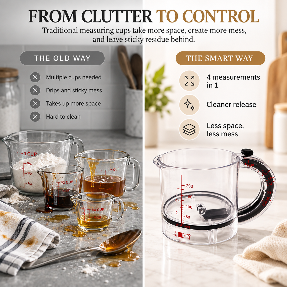 4-in-1 Push-Bottom Measuring Cup – Adjustable Dual Scale (ml/oz), Scraper Seal, Dishwasher Safe, Replaces 4 Cups