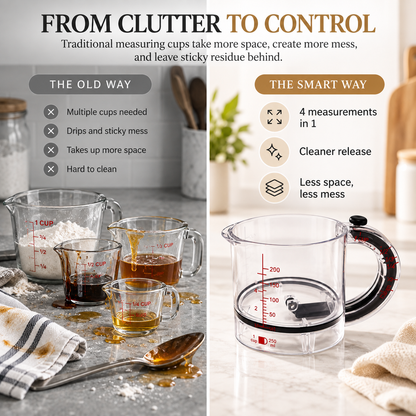 4-in-1 Push-Bottom Measuring Cup – Adjustable Dual Scale (ml/oz), Scraper Seal, Dishwasher Safe, Replaces 4 Cups