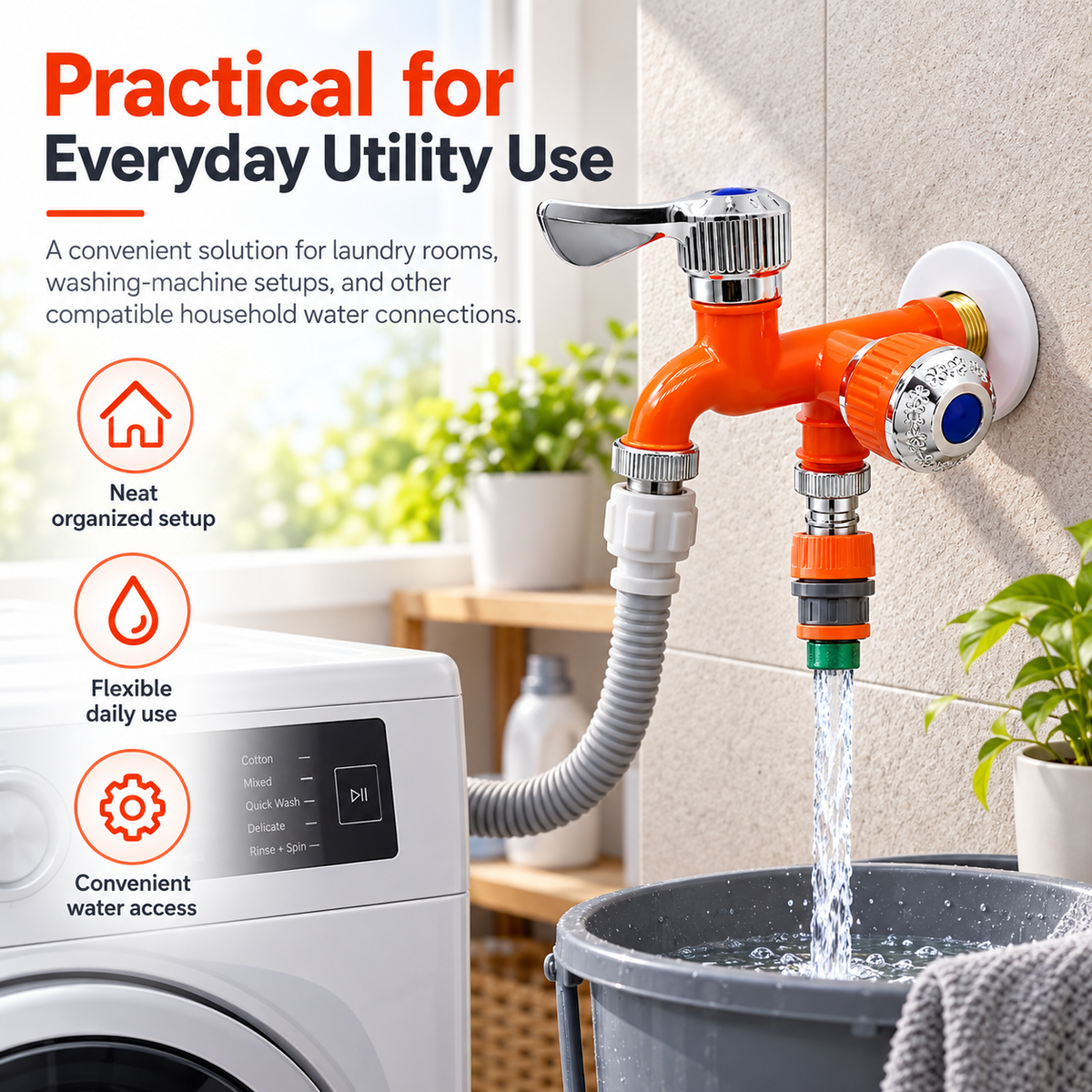 🔧 1-In-2-Out Plastic Water Tap – Dual Independent Control Valves, 3/4" Universal Fit, Leak-Proof Ceramic Core, All-Weather Resistant