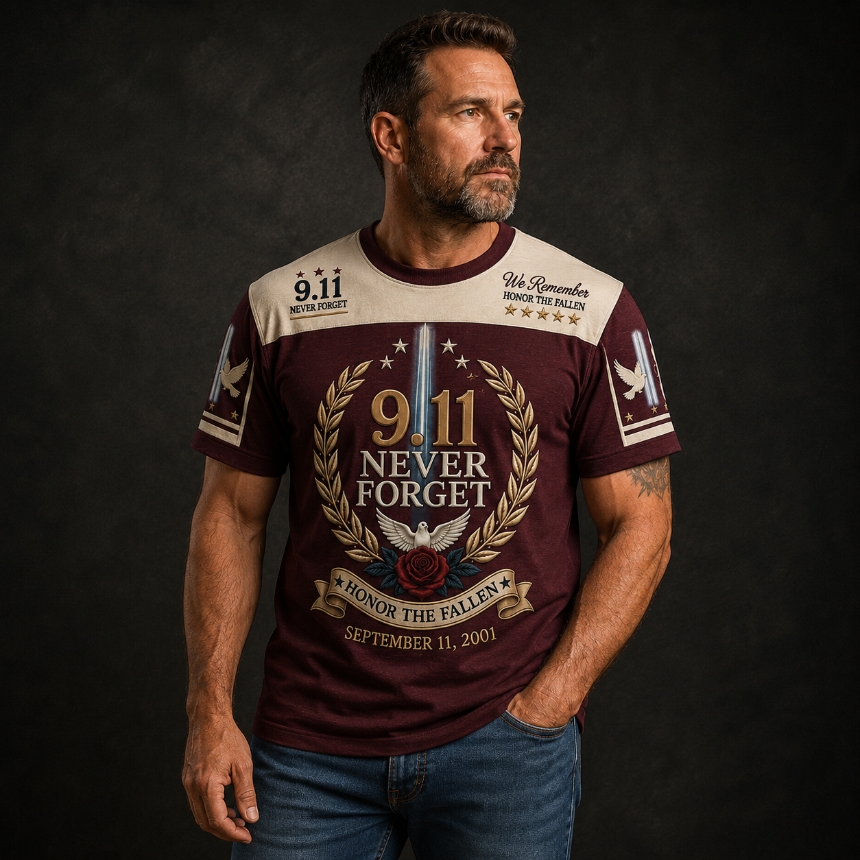 9/11 Memorial Tribute T-Shirt – Twin Towers, Eagle and American Flag Design