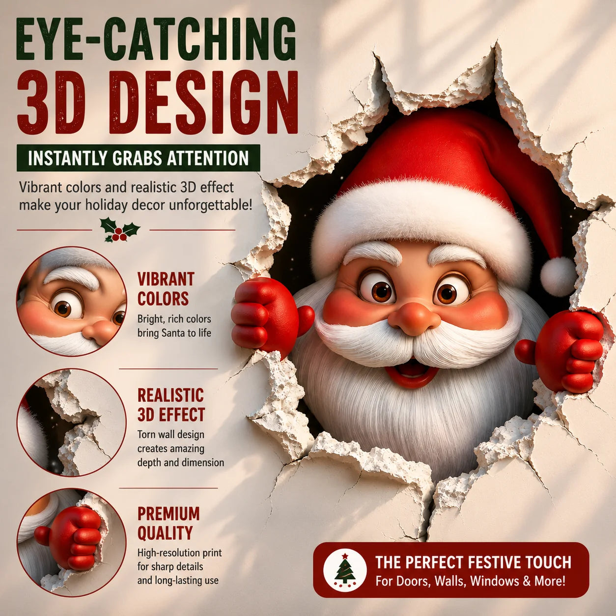 3D Santa Claus Wall Sticker – Peel & Stick Christmas Decal, No Damage, Reusable