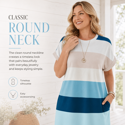 Colorblock Striped Sundress – Short Sleeve Crew Neck Plus Size Summer Dress