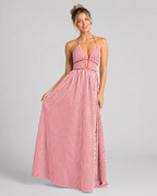 Women’s French Striped Halter Maxi Dress – Deep V-Neck Summer Vacation Dress