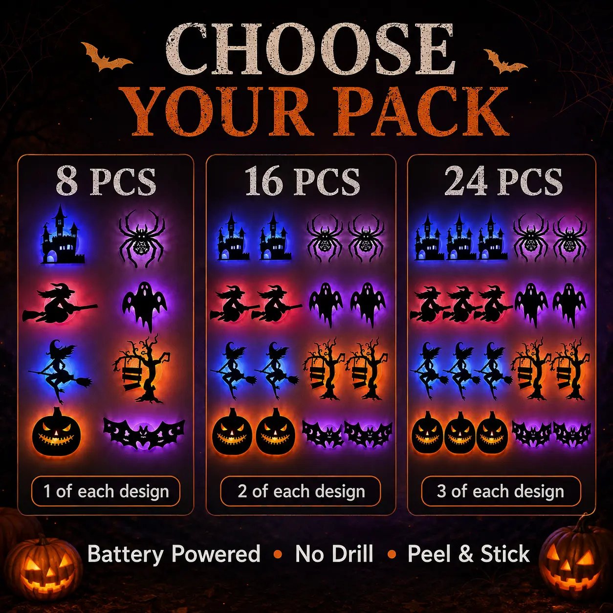Halloween LED Silhouette Wall Light Stickers, Battery Powered Peel & Stick Decor Lights