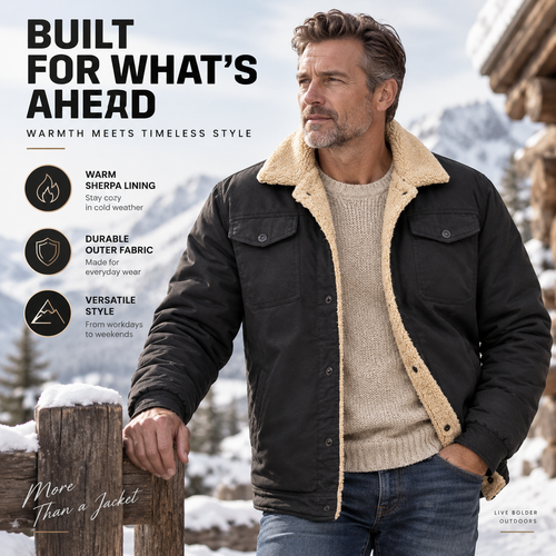Men's Sherpa-Lined Trucker Jacket – Heavyweight Cargo Work Coat with Fleece Lining, Snap Cuffs & Multi-Pocket