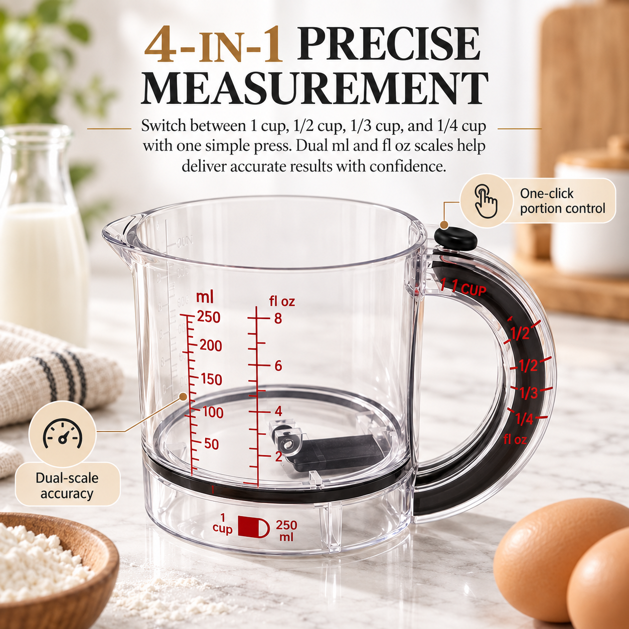 4-in-1 Push-Bottom Measuring Cup – Adjustable Dual Scale (ml/oz), Scraper Seal, Dishwasher Safe, Replaces 4 Cups
