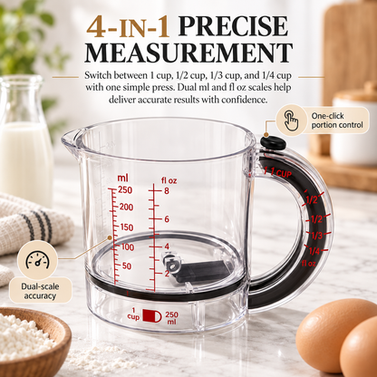 4-in-1 Push-Bottom Measuring Cup – Adjustable Dual Scale (ml/oz), Scraper Seal, Dishwasher Safe, Replaces 4 Cups