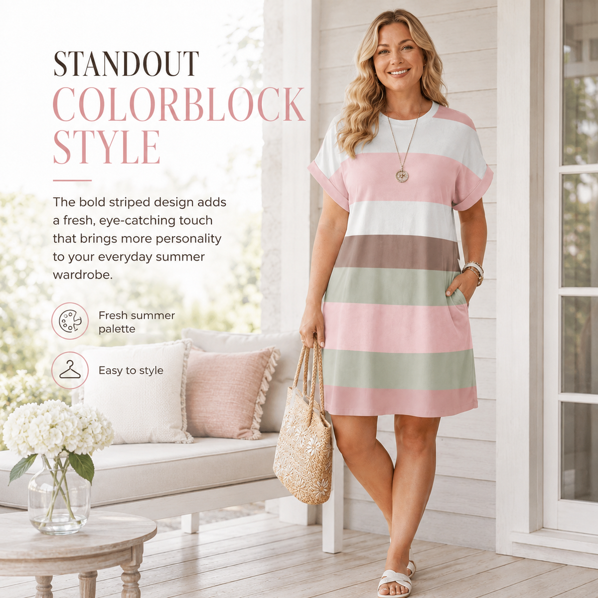 Colorblock Striped Sundress – Short Sleeve Crew Neck Plus Size Summer Dress