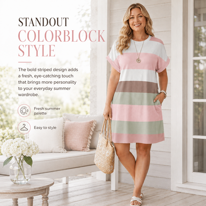 Colorblock Striped Sundress – Short Sleeve Crew Neck Plus Size Summer Dress