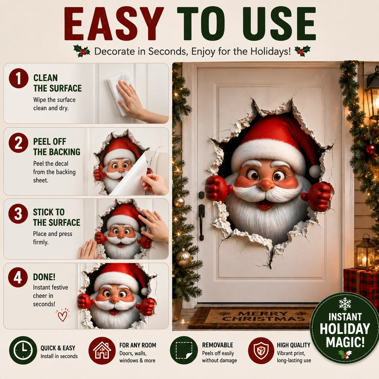 3D Santa Claus Wall Sticker – Peel & Stick Christmas Decal, No Damage, Reusable