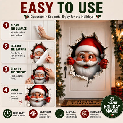 3D Santa Claus Wall Sticker – Peel & Stick Christmas Decal, No Damage, Reusable