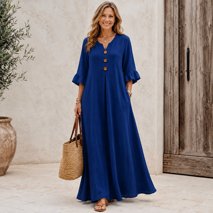 🌾 Women's Boho V-Neck Dress – Loose-Fit A-Line with Wooden Buttons & Ruffle Sleeves, Fall & Winter Casual Wear 🍂✨