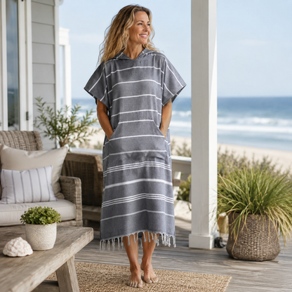 🌊 Striped Cotton Hooded Beach Poncho – Lightweight, Quick-Dry Comfort with Side Pockets