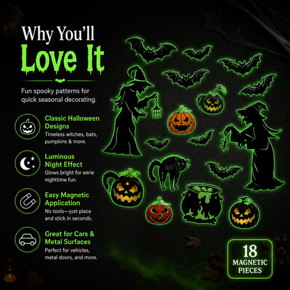 Halloween Magnets for Car & Fridge – 16-Pack Glow-in-the-Dark | Witches, Pumpkins, Bats
