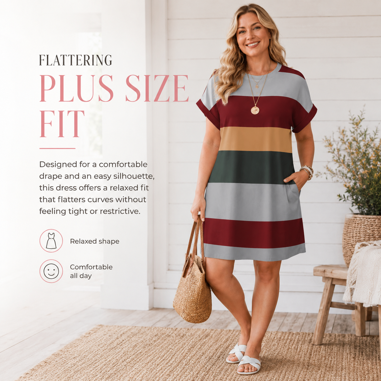 Colorblock Striped Sundress – Short Sleeve Crew Neck Plus Size Summer Dress