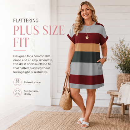 Colorblock Striped Sundress – Short Sleeve Crew Neck Plus Size Summer Dress