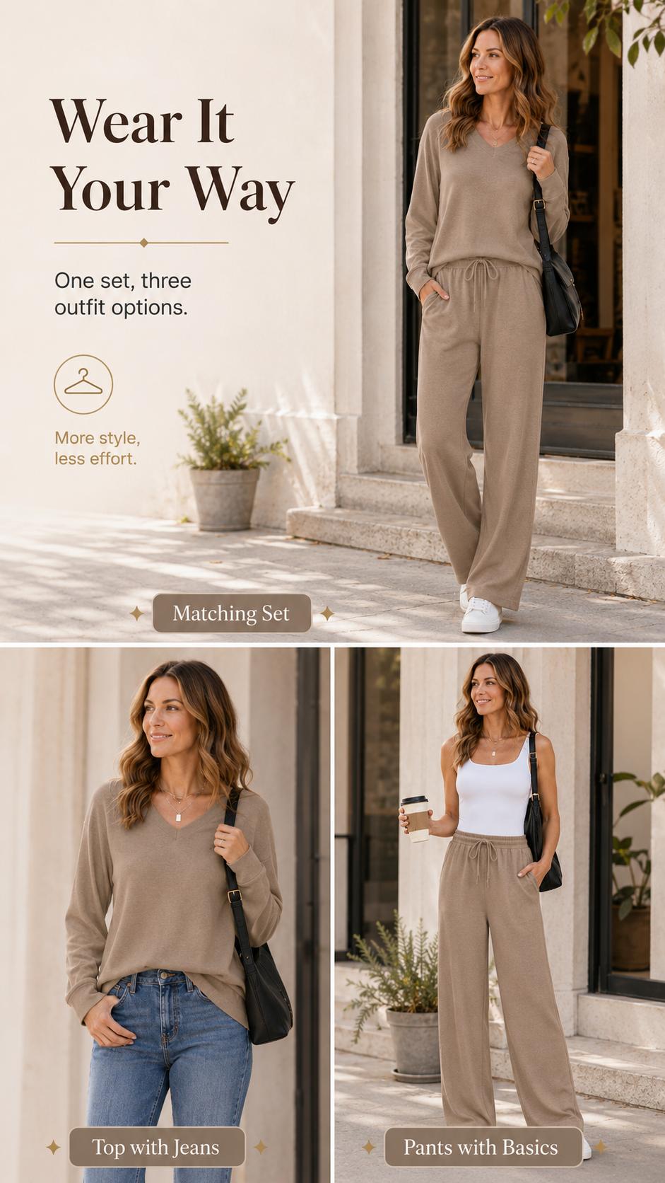 🌸 Effortless V-Neck Lounge Set – Wide Leg, Soft & Stylish