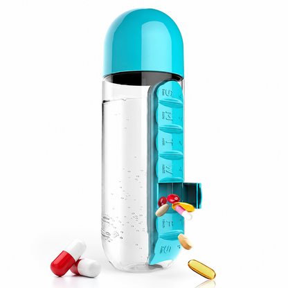 2-in-1 Water Bottle with 7-Day Pill Organizer – 20oz Portable Daily Supplement Bottle