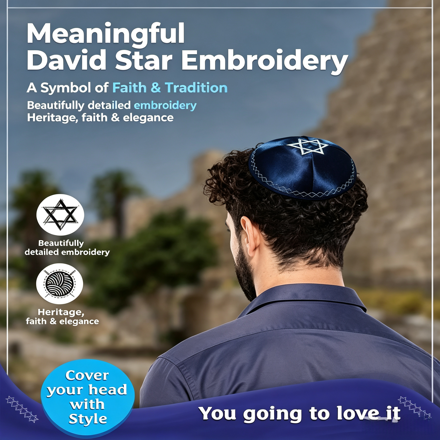 ✨ David Star Embroidered Kippah – Elegant Jewish Faith Cap with Premium Stitching for Prayer, Holidays & Special Moments ✡️
