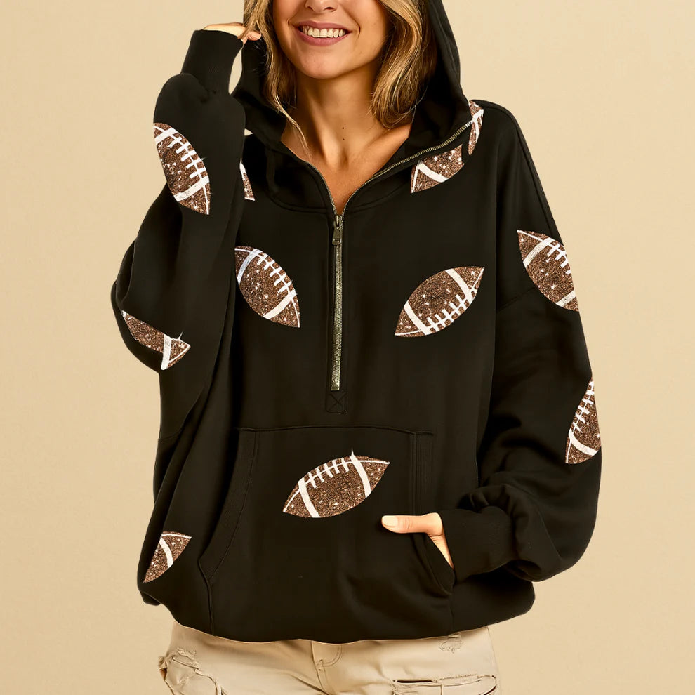 🏈 Game Day Glow – Women's Oversized Half-Zip Hoodie with Sequin Football Print, Kangaroo Pocket & Casual Longsleeve Style 💥