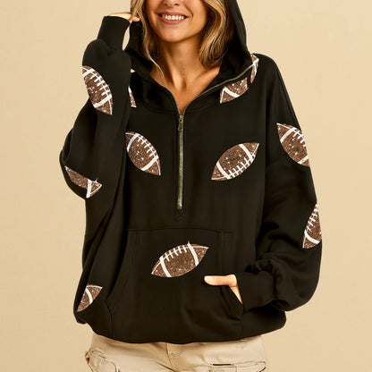 🏈 Game Day Glow – Women's Oversized Half-Zip Hoodie with Sequin Football Print, Kangaroo Pocket & Casual Longsleeve Style 💥