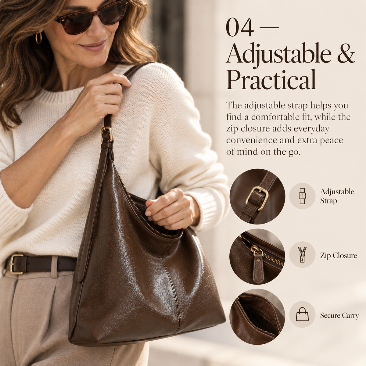 Women's PU Leather Shoulder Bag – Large-Capacity Crossbody Tote with Adjustable Strap, Zip Closure, Minimalist Everyday Style