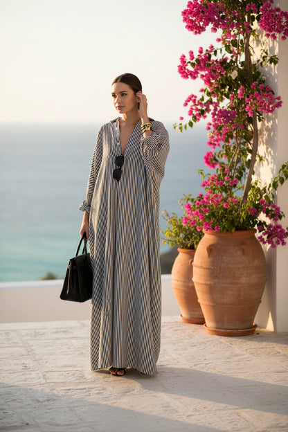 Women's Lightweight Maxi Dress with Pockets – Relaxed Fit Striped Caftan for Everyday Comfort