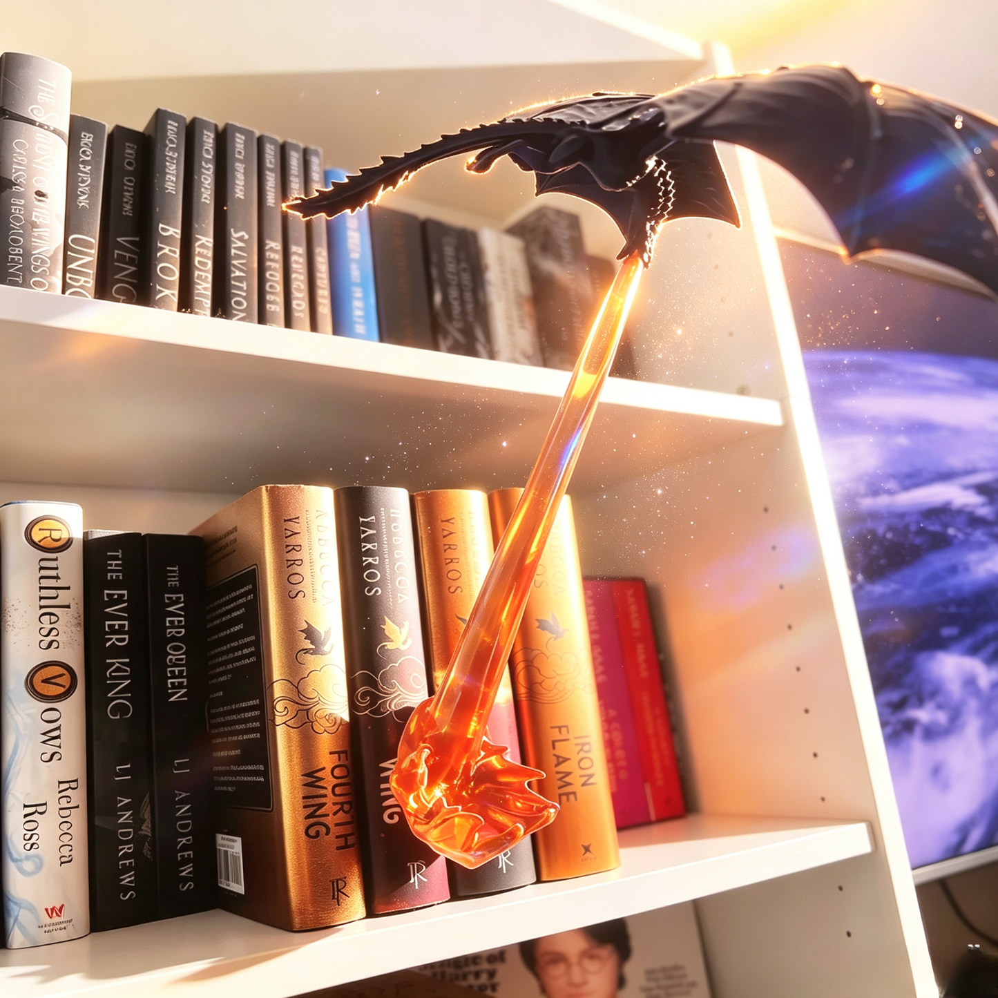 Fantasy Book Nook with Dragon Flame LED – Miniature Shelf Decor for Book Lovers 🐉✨
