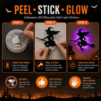 Halloween LED Silhouette Wall Light Stickers, Battery Powered Peel & Stick Decor Lights