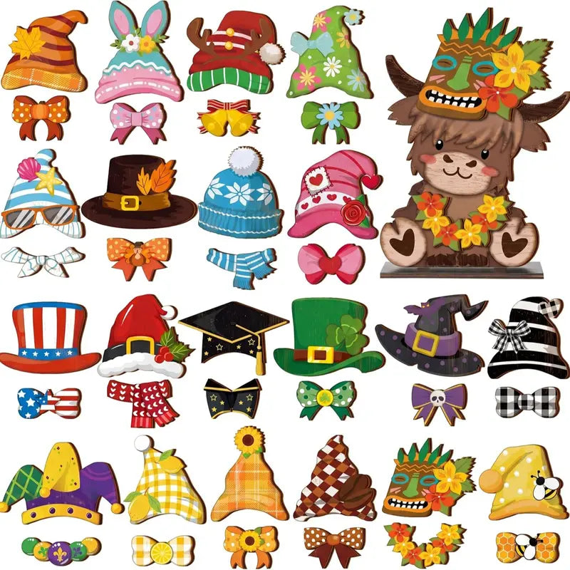 Cute Animal Wooden Sign – Interchangeable Seasonal Desk Decor with Magnetic Accessories