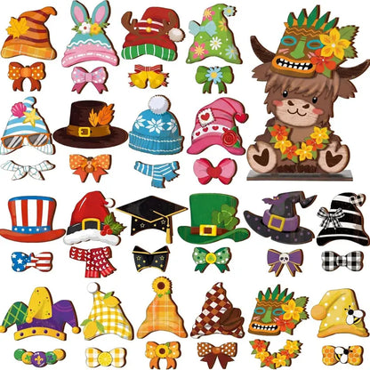 Cute Animal Wooden Sign – Interchangeable Seasonal Desk Decor with Magnetic Accessories